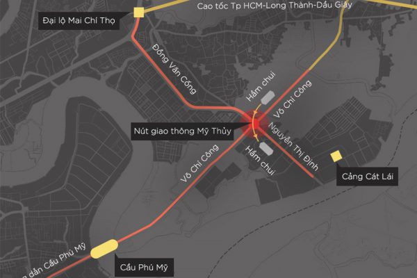 Sơ đồ kết nối giao thông giữa Vòng Xoay Mỹ Thủy và các tuyến đường quan trọng của Khu Đông TPHCM