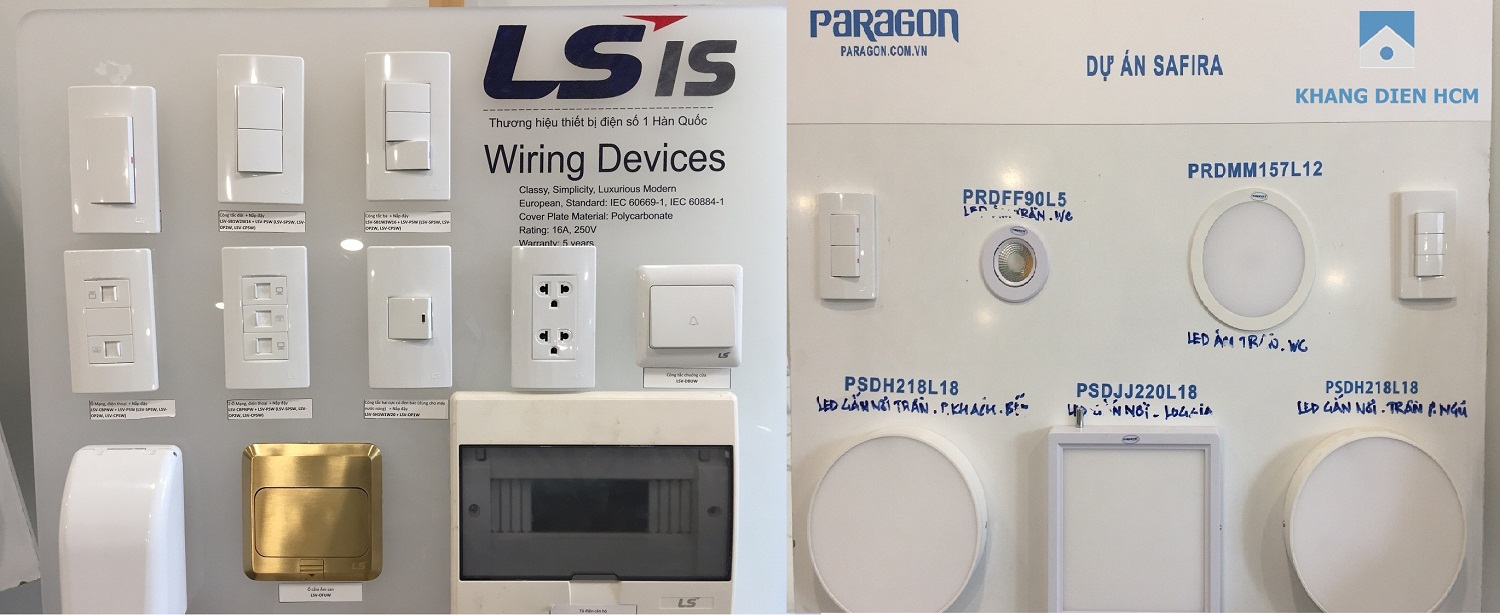 Các thiết bị điện như công tắc, ổ cắm, CP tổng, đèn led...được bàn giao tại các phòng trong căn hộ Safira - Khang Điền HCM