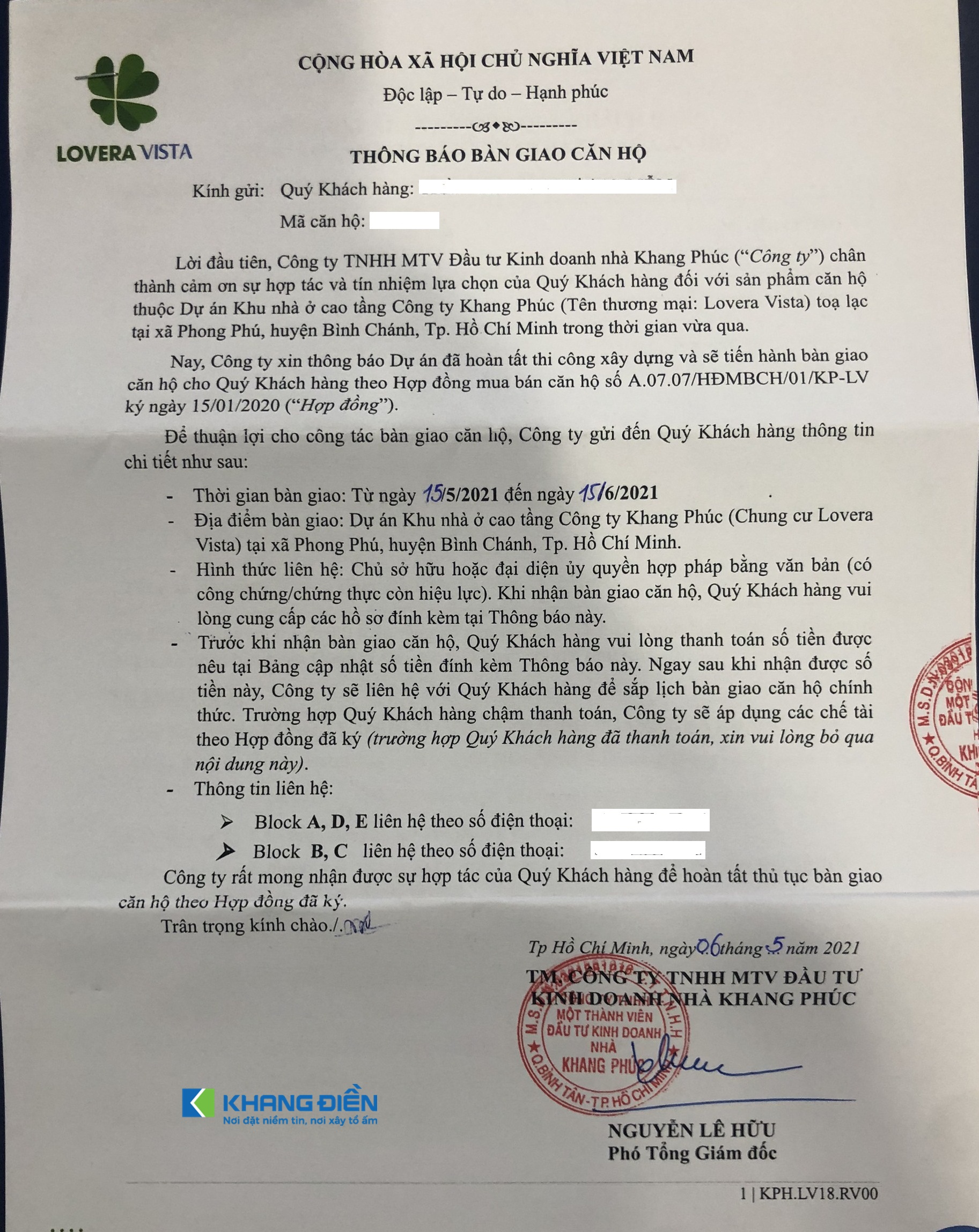 Thông báo bàn giao căn hộ Lovera Vista Khang Điền Bình Chánh được gửi đến Cư dân - Khang Điền HCM