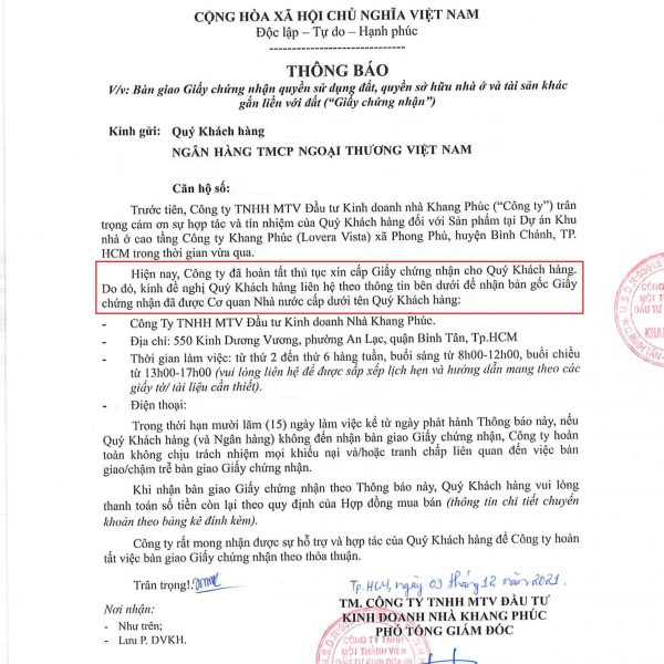Thông báo bàn giao Giấy chứng nhận quyền sử dụng đất, quyền sở hữu nhà ở và tài sản gắn liền với đất tại Lovera Vista Bình Chánh - Khang Điền HCM