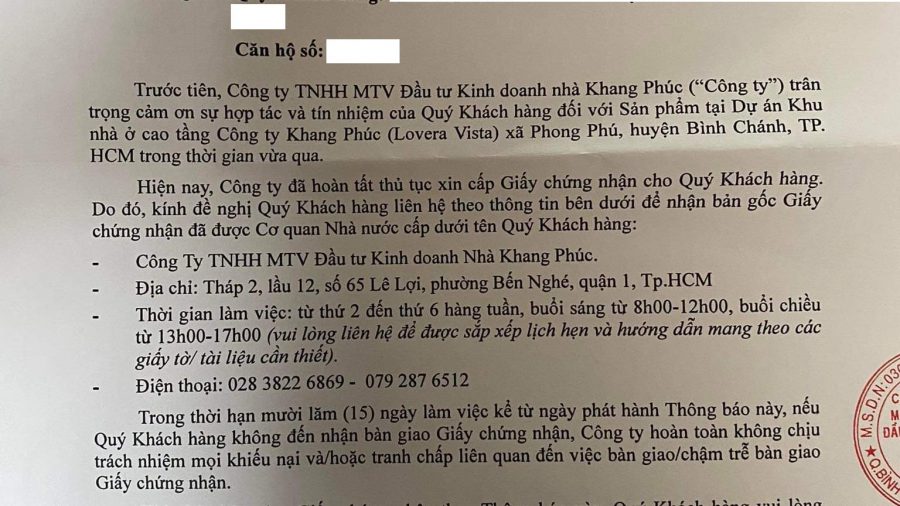Thông báo bàn giao Giấy chứng nhận quyền sử dụng đất, quyền sở hữu nhà ở và tài sản gắn liền với đất đợt 2 Lovera Vista - Khang Điền HCM