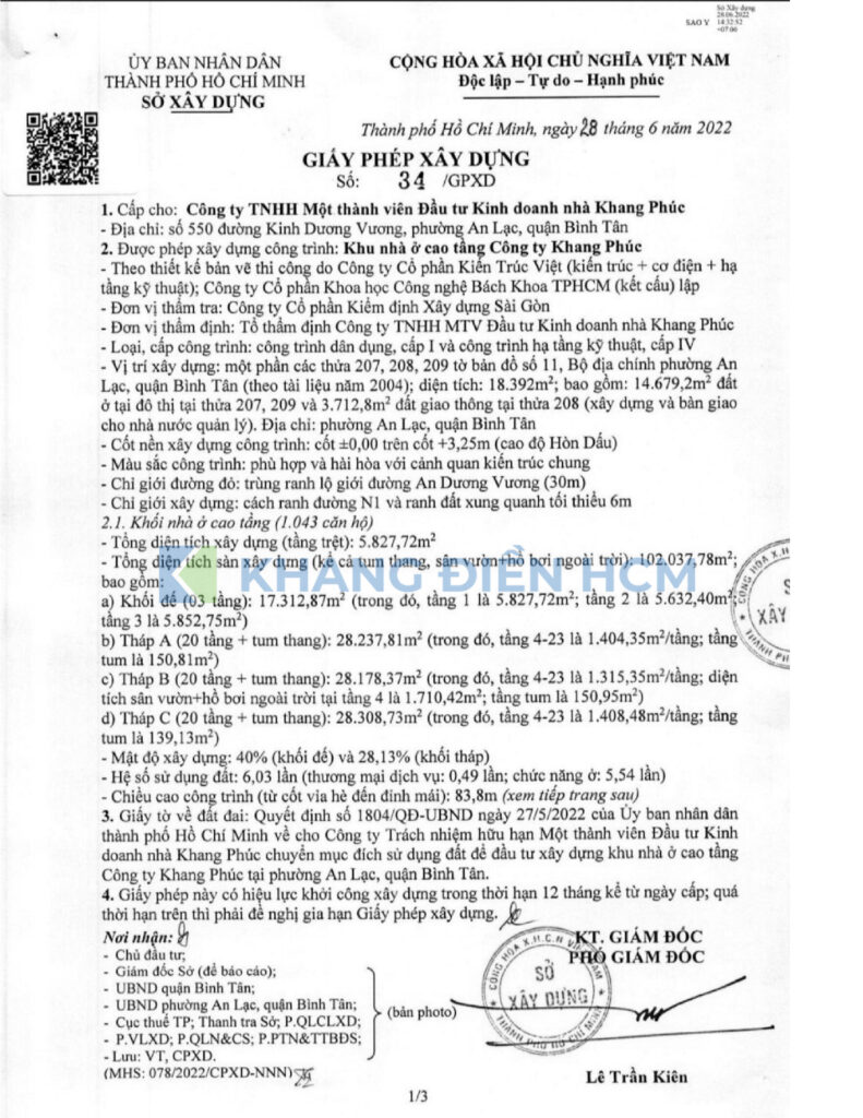 Giấy phép xây dựng số 34/GPXD do UBND TP.HCM - Sở Xây Dựng cấp ngày 28/06/2022 cho Công ty Khang Phúc - Khang Điền HCM